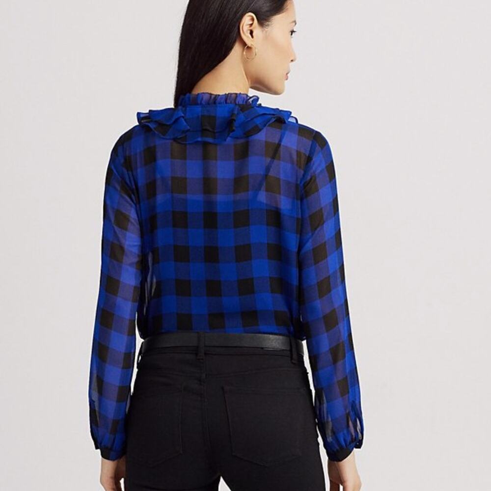 Lauren Ralph Lauren Buffalo Check Ruffled Georgette blouse blue black - XS - Picture 2 of 12